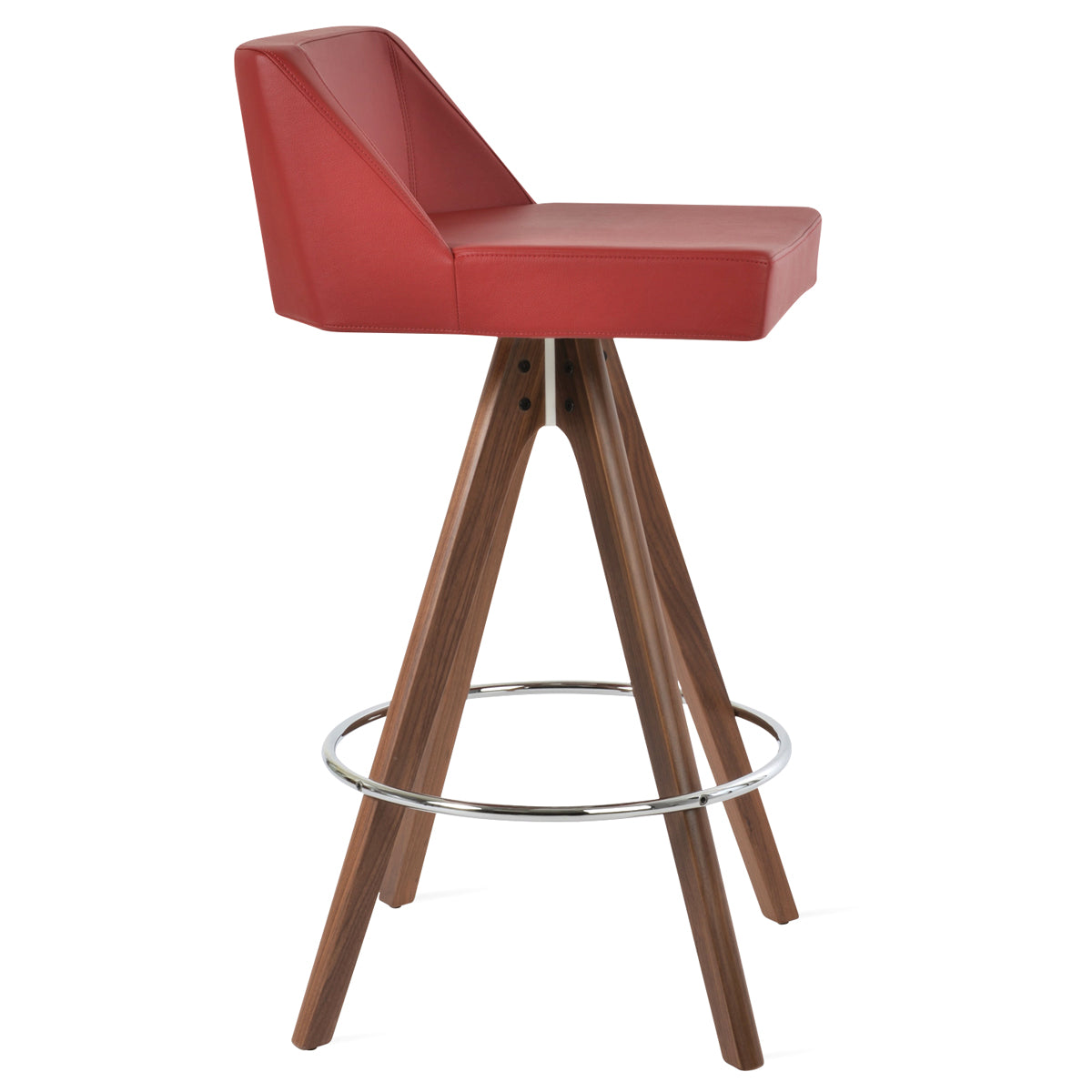 Prisma Pyramid Swivel Stool by SohoConcept, showing side view of prisma pyramid swivel stool in beech walnut wood/red leatherette.