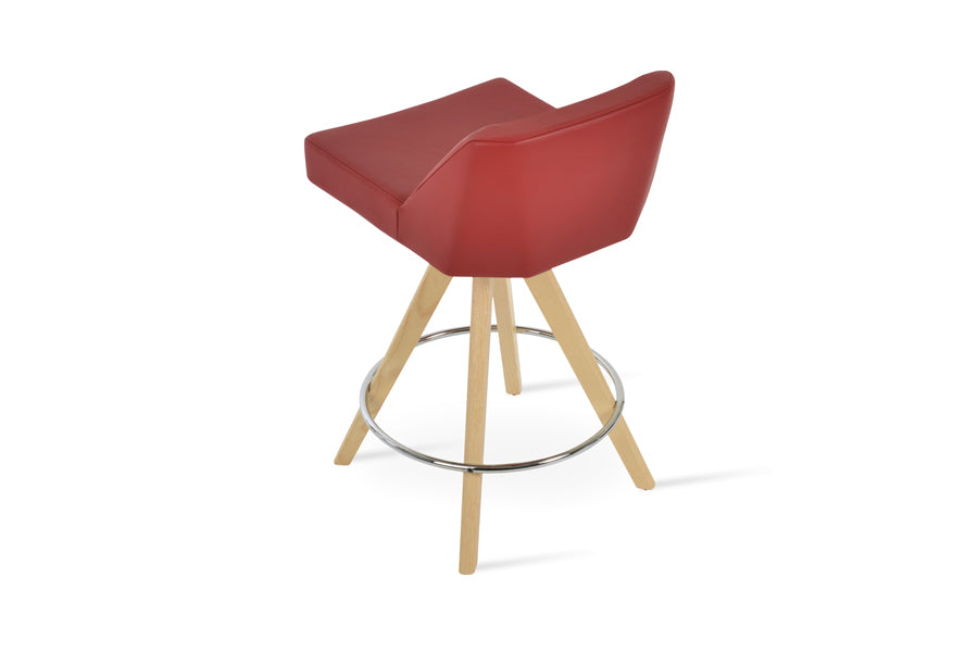 Prisma Pyramid Swivel Stool by SohoConcept, showing back view of prisma pyramid swivel stool in original natural ash wood/red leatherette.