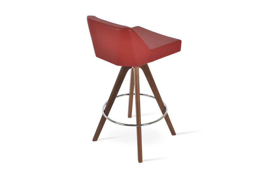 Prisma Pyramid Swivel Stool by SohoConcept, showing back view of prisma pyramid swivel stool in beech walnut wood/red leatherette.