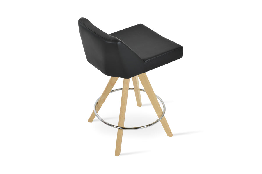 Prisma Pyramid Swivel Stool by SohoConcept, showing back view of prisma pyramid swivel stool in original natural ash wood/black leatherette.