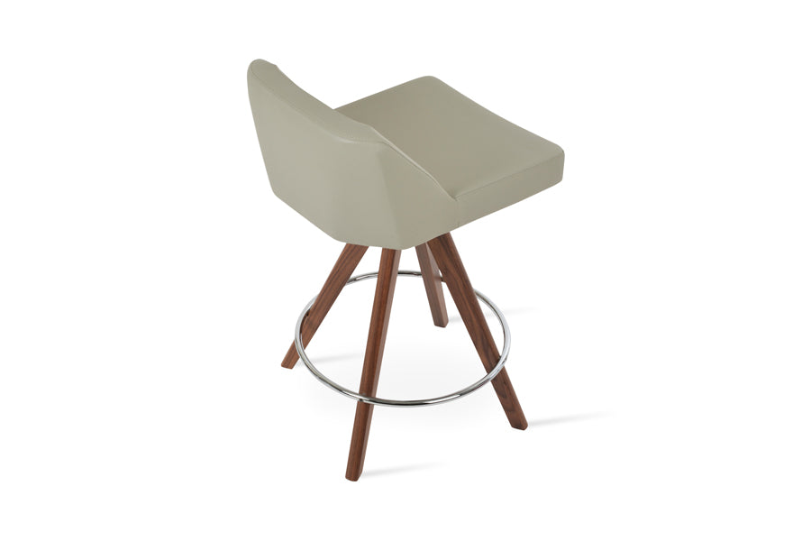 Prisma Pyramid Swivel Stool by SohoConcept, showing back view of prisma pyramid swivel stool in beech walnut wood/light grey leatherette.
