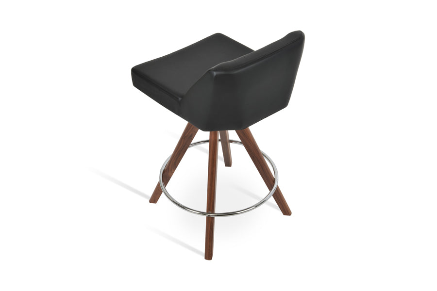 Prisma Pyramid Swivel Stool by SohoConcept, showing back view of prisma pyramid swivel stool in beech walnut wood/black leatherette.