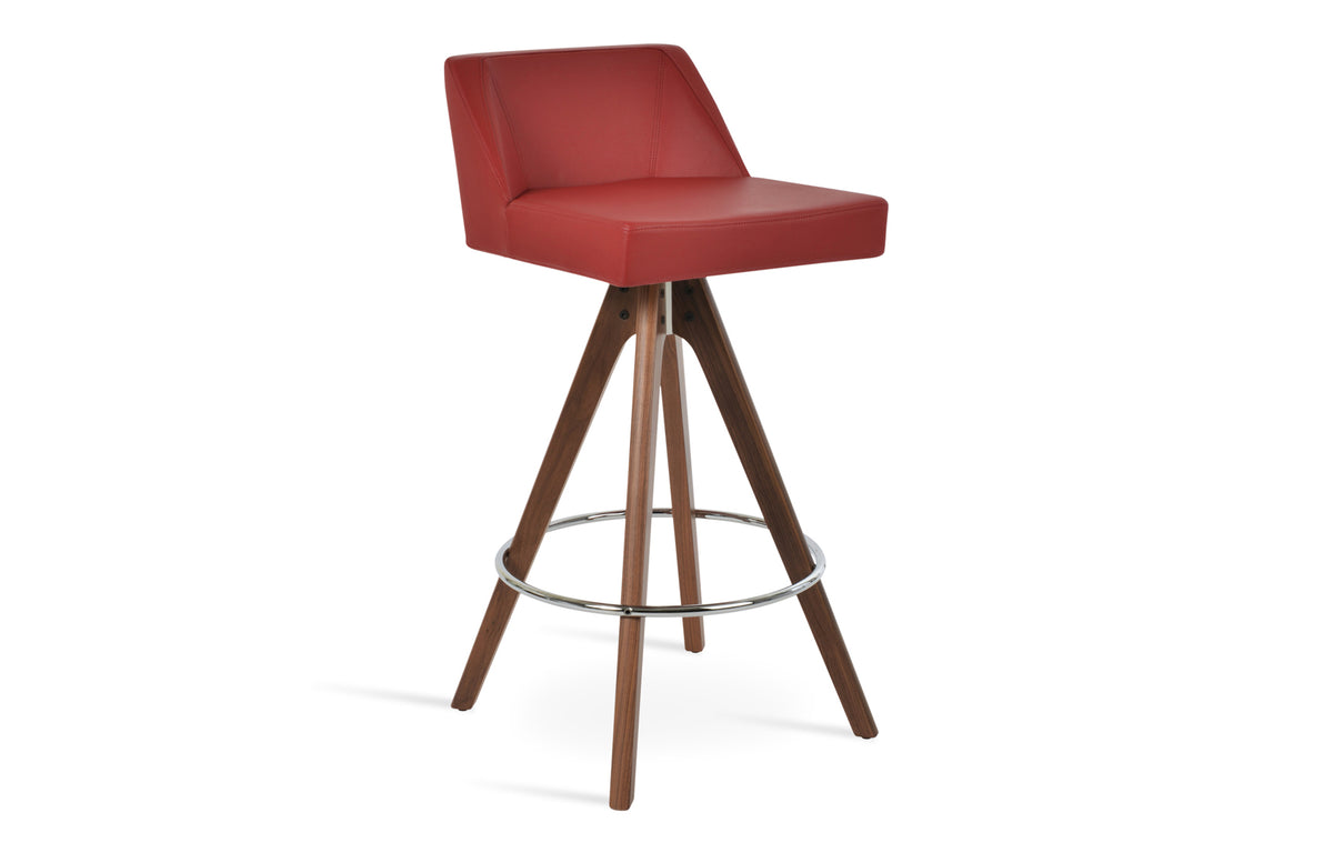 Prisma Pyramid Swivel Stool by SohoConcept - Beech Walnut Wood, Red Leatherette.