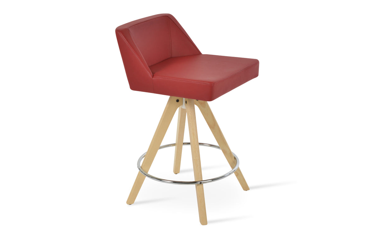 Prisma Pyramid Swivel Stool by SohoConcept - Original Natural Ash Wood, Red Leatherette.