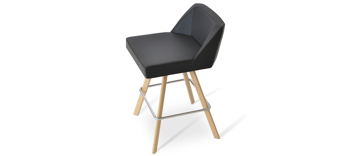 Prisma Sword Stool by SohoConcept, showing angle view of prisma sword stool in counter/natural veneer steel/black leatherette.