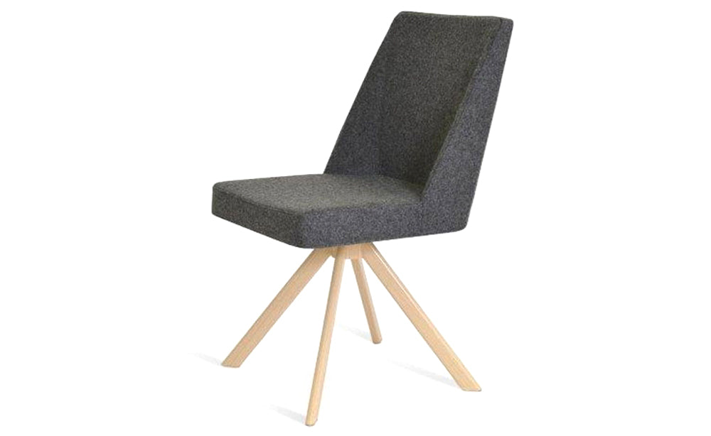 Prisma Sword Swivel Chair by SohoConcept, showing angle view of prisma sword swivel dining chair in natural veneer steel tube/camira blazer dark grey wool.