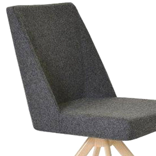 Prisma Sword Swivel Chair by SohoConcept, showing closeup view of prisma sword swivel dining chair in natural veneer steel tube/camira blazer dark grey wool.