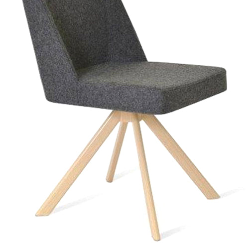 Prisma Sword Swivel Chair by SohoConcept, showing closeup view of prisma sword swivel dining chair in natural veneer steel tube/camira blazer dark grey wool.