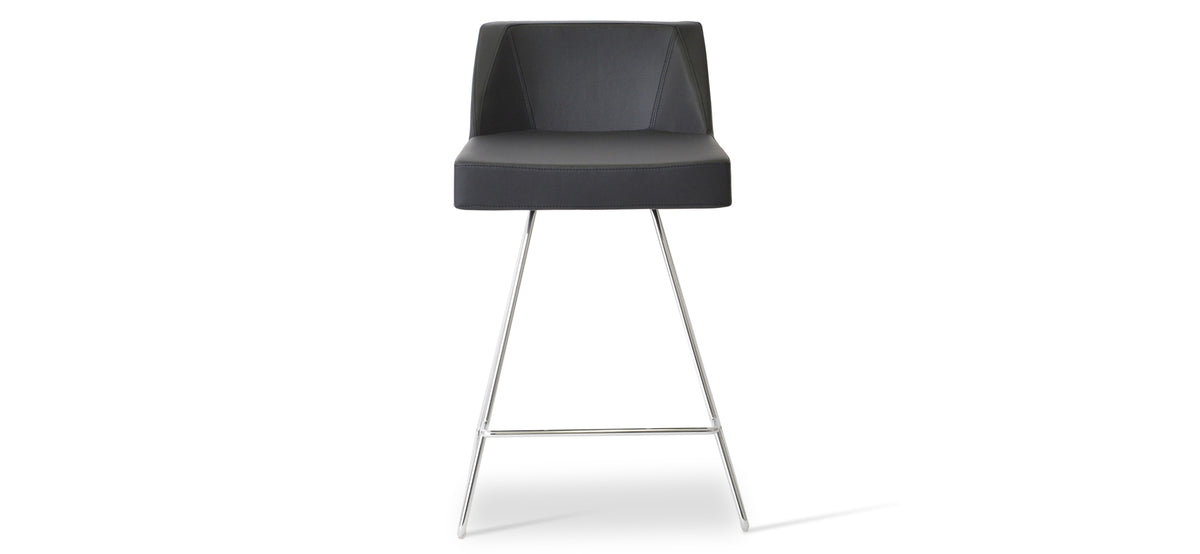 Prisma Wire Stool by SohoConcept, showing front view of prisma wire stool in black leatherette with chrome wire base.