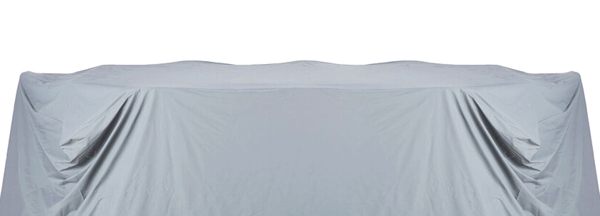 Raincover for Bok Outdoor Dining Table Set by Ethnicraft, showing closeup view of raincover for bok outdoor dining table set in pu-coated textile.