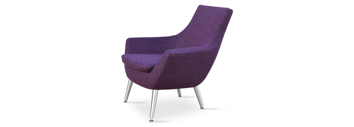 Rebecca 4 Metal Legs Armchair by SohoConcept, showing angle view of rebecca 4 metal legs armchair in brushed stainless steel/camira blazer new deep maroon wool.