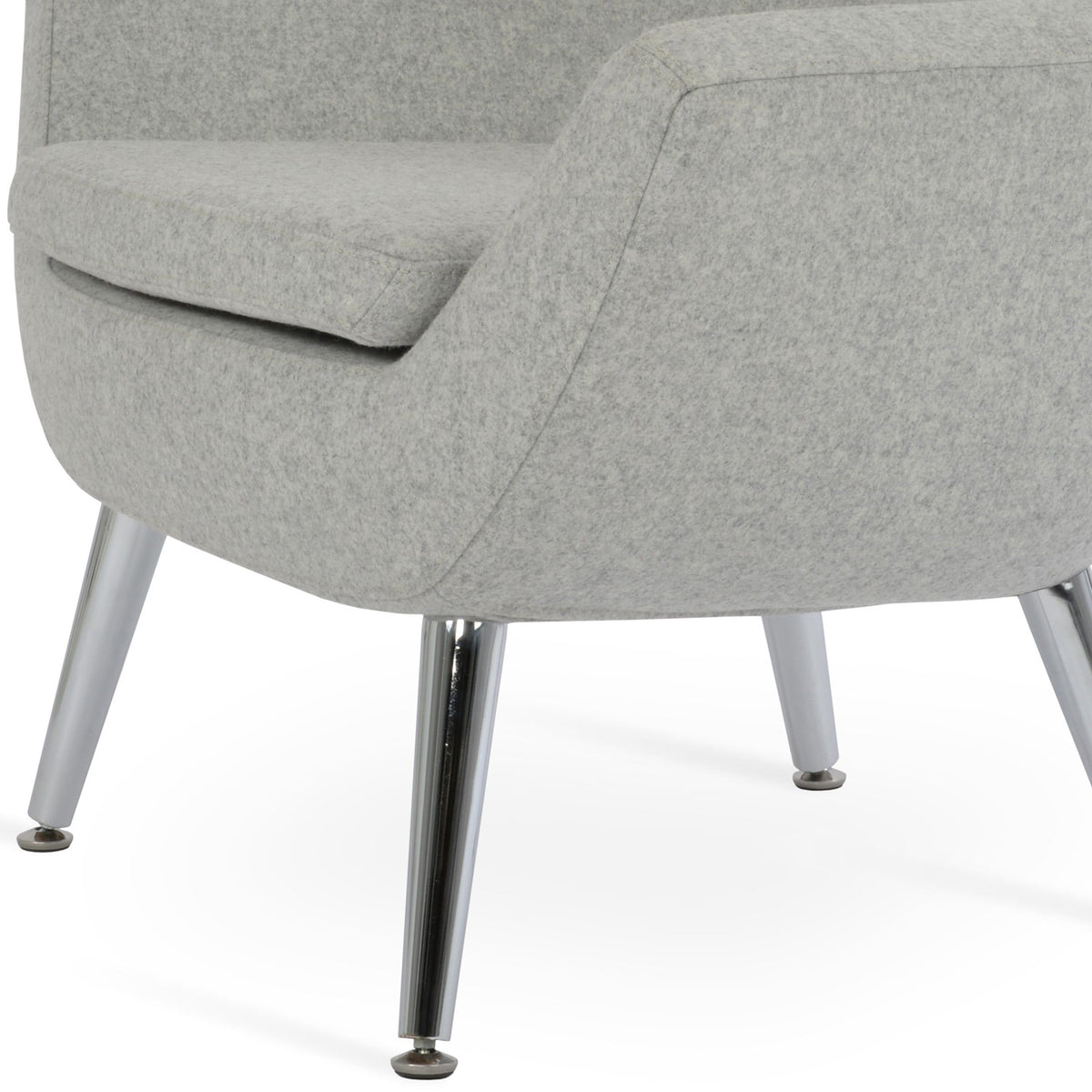 Rebecca 4 Metal Legs Armchair by SohoConcept, showing closeup view of rebecca 4 metal legs armchair in brushed stainless steel/camira blazer silver wool.