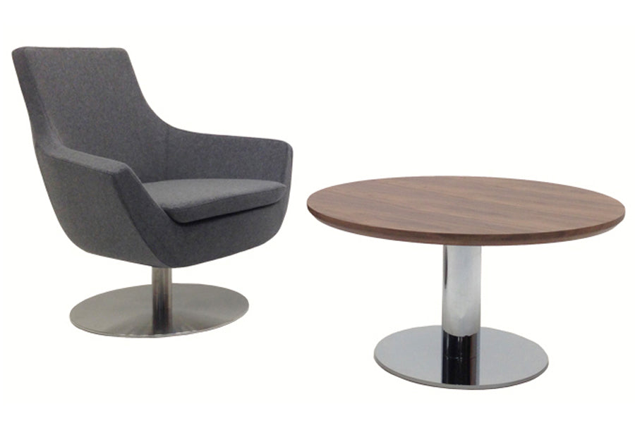 Rebecca Swivel Arm Chair by sohoConcept, showing side view of the chair with table.