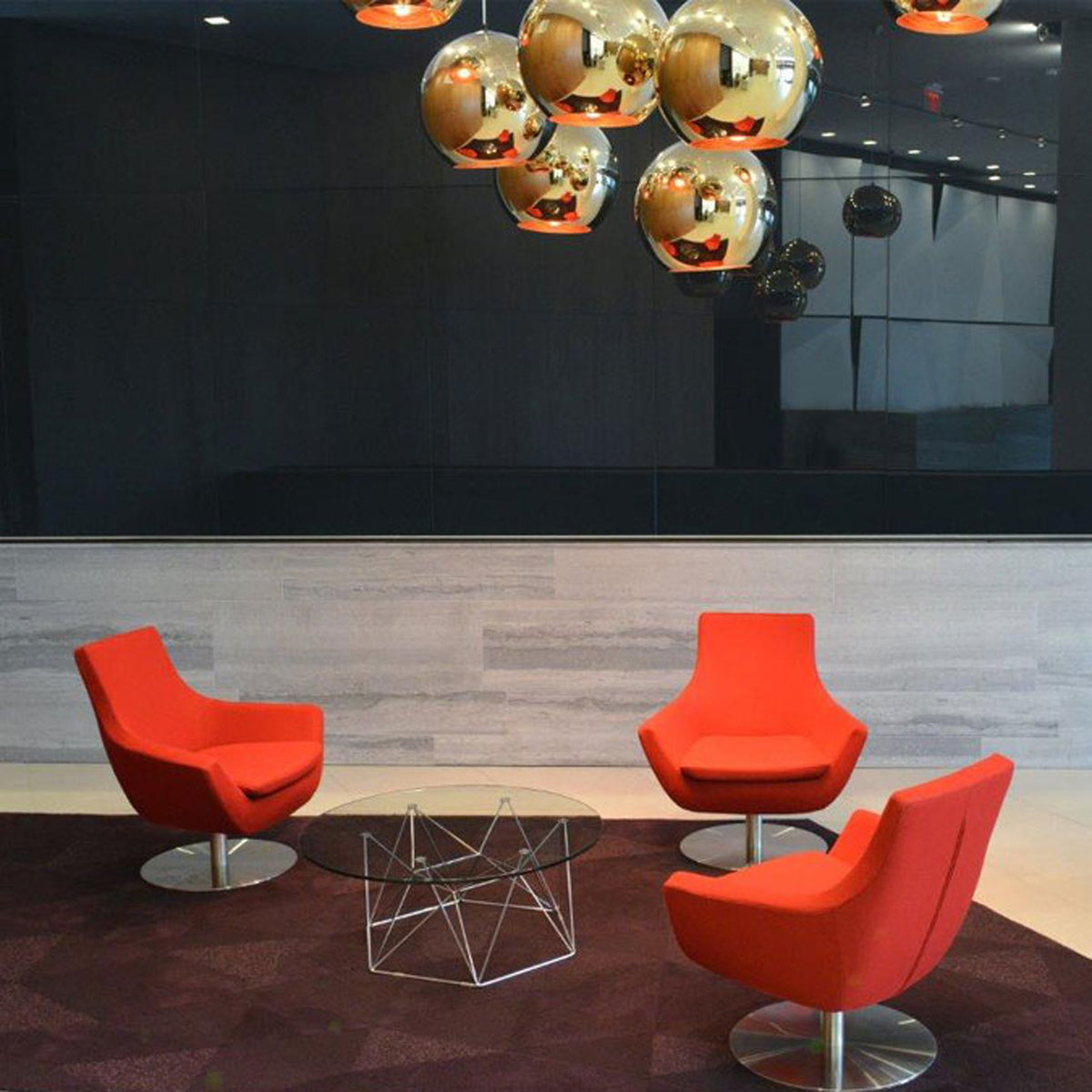 Rebecca Swivel Round Arm Chair by SohoConcept, showing swivel round arm chairs with table in live shot.