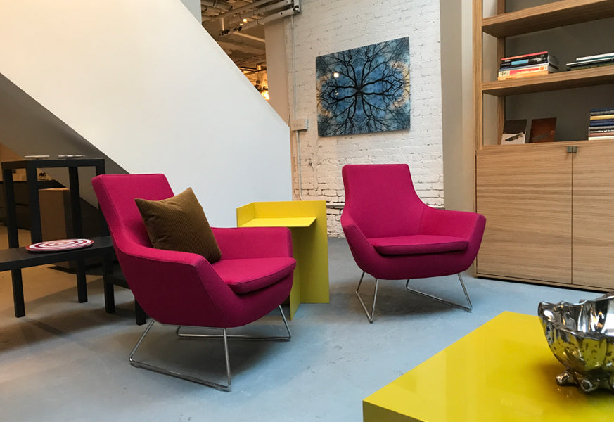Rebecca Wire Sled Arm Chair by SohoConcept, showing two wire sled arm chair with table in live shot.