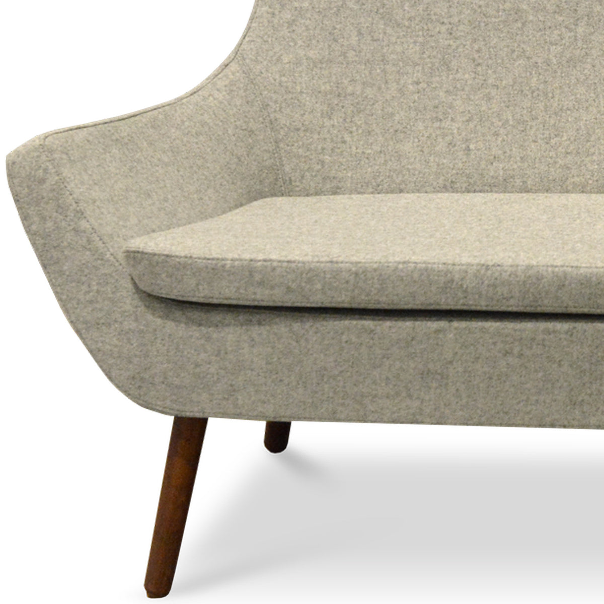 Rebecca Wood Two Seater Sofa by SohoConcept, showing closeup view of rebecca wood tow seater sofa in solid beech wood walnut/camira blazer silver wool.