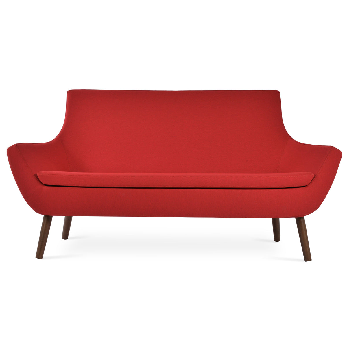 Rebecca Wood Two Seater Sofa by SohoConcept, showing front view of rebecca wood tow seater sofa in solid beech wood walnut/camira era red fabric.