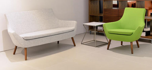 Rebecca Wood Two Seater Sofa by sohoConcept, showing wood two seater sofa with table and chair in live shot.
