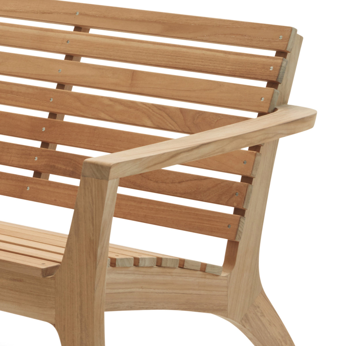 Regatta Lounge Bench by Skagerak, showing closeup view of regatta lounge bench with lounge table in teak.