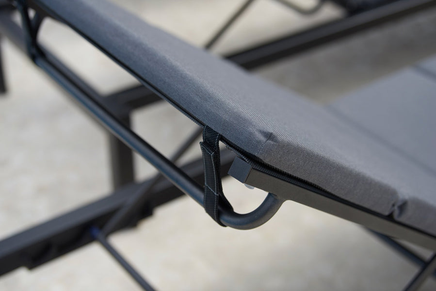 Relax Stackable Sunbed by Cane-Line, showing closeup view of relax stackable sunbed in live shot.