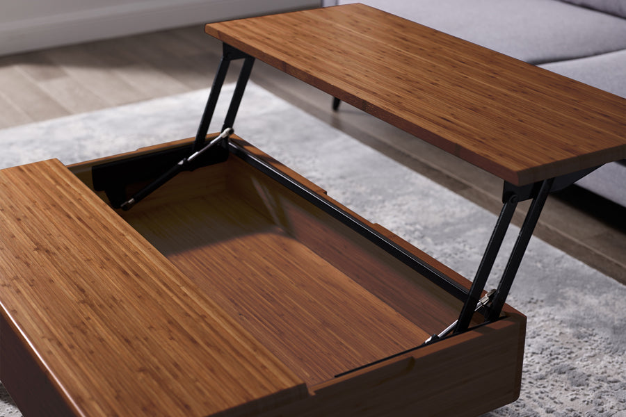 Rhody Lift Top Coffee Table by Greenington, showing closeup view of rhody lift top coffee table in live shot.