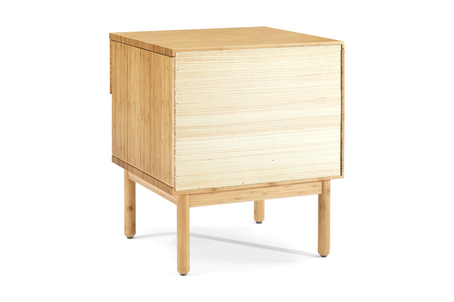 Ria Caramelized Nightstand by Greenington, showing back view of ria caramelized nightstand in caramelized wood.