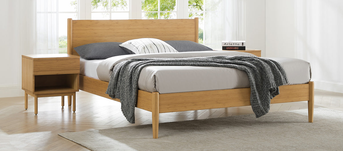 Ria Caramelized Platform Bed by Greenington, showing ria caramelized platform bed with nightstands in live shot.