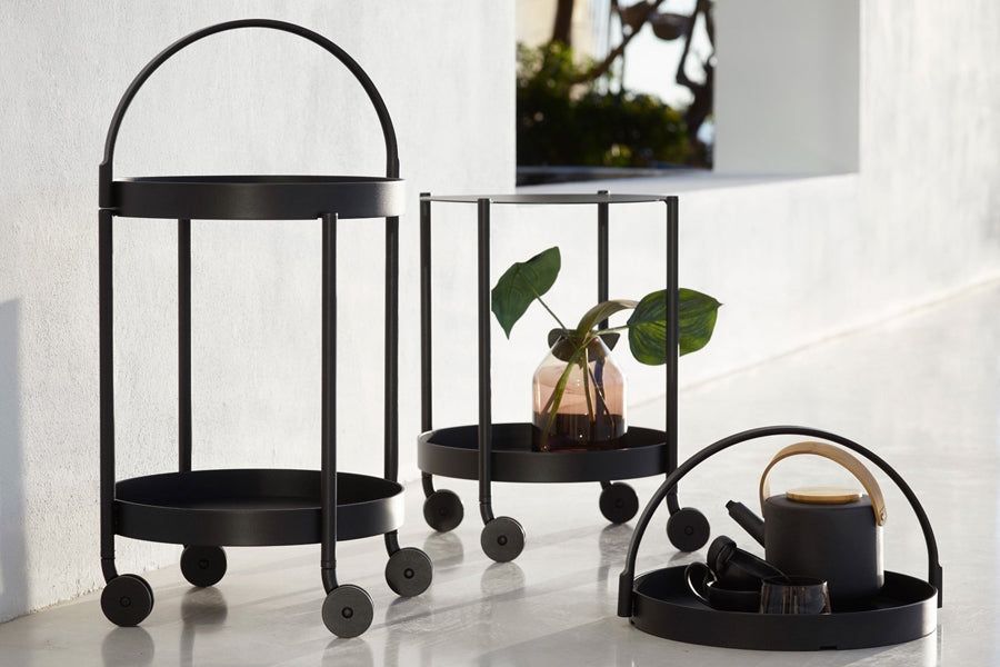 Roll Trolley by Cane-Line, showing roll trolleys in live shot.