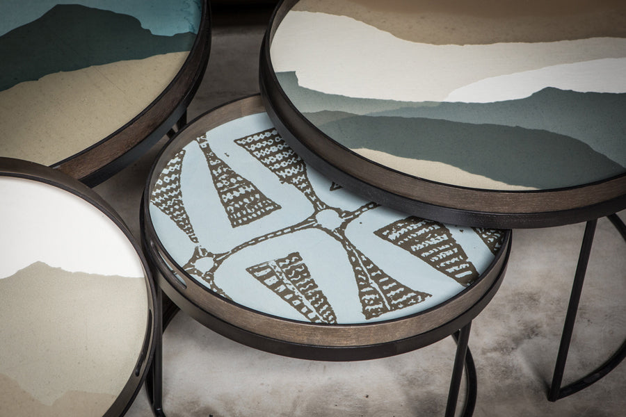 Tray Coffee Table by Ethnicraft, showing closeup view of tray coffee tables set in live shot.