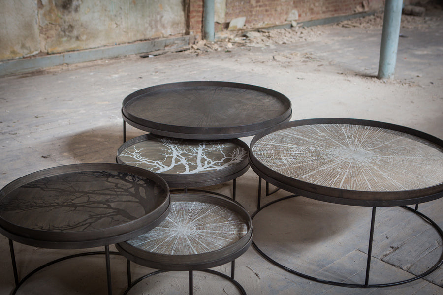 Tray Coffee Table by Ethnicraft, showing closeup view of tray coffee tables set in live shot.
