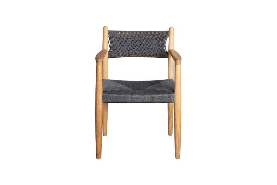 Royal Outdoor Dining Armchair by Cane-Line, showing front view of royal outdoor dining armchair in soft rope with teak.