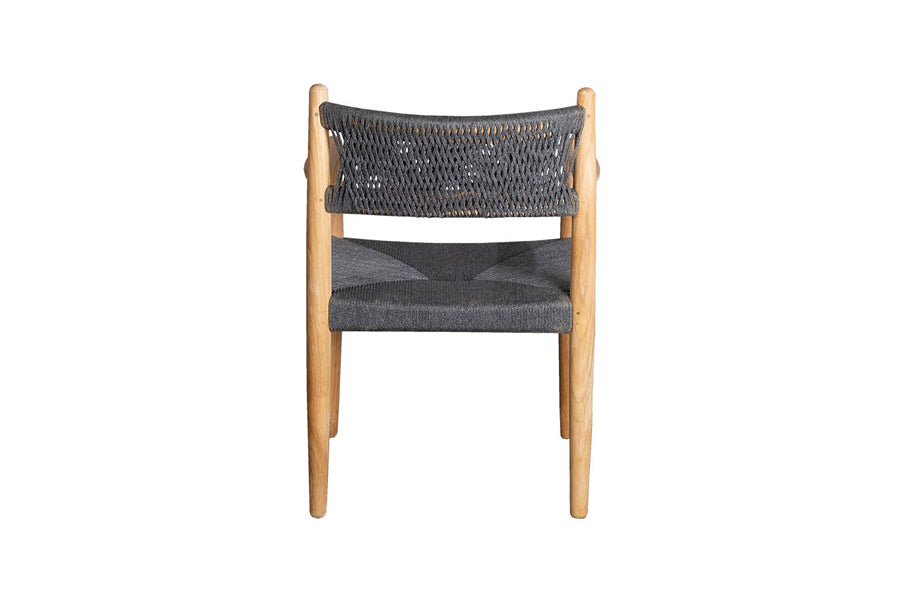 Royal Outdoor Dining Armchair by Cane-Line, showing back view of royal outdoor dining armchair in soft rope with teak.