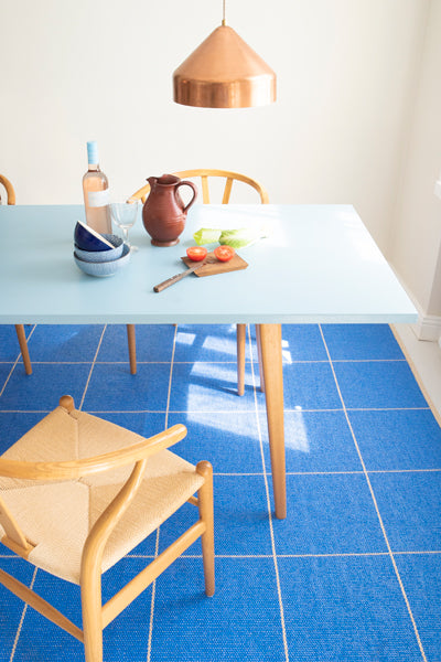 Ruth Woven Plastic Rug by Brita, showing closeup view of ruth woven plastic rug in live shot.