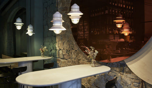 Santorini Indoor Pendant by Marset, showing santorini indoor pendants in live shot.