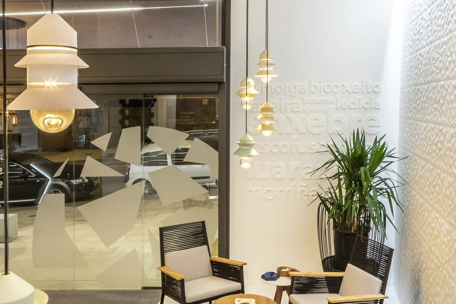 Santorini Indoor Pendant by Marset, showing santorini indoor pendants in live shot.