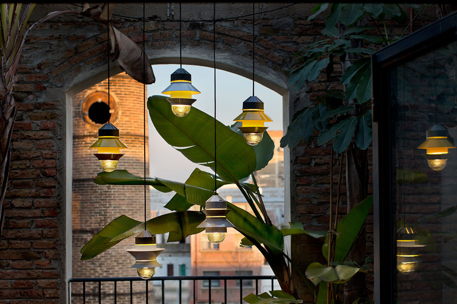 Santorini Outdoor Pendant by Marset, showing santorini outdoor pendants in live shot.