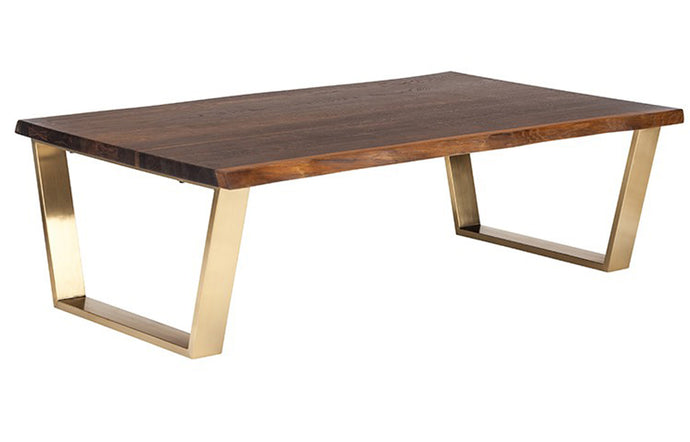 Versailles Coffee Table by Nuevo - Seared Oak Top with Brushed Gold Legs.
