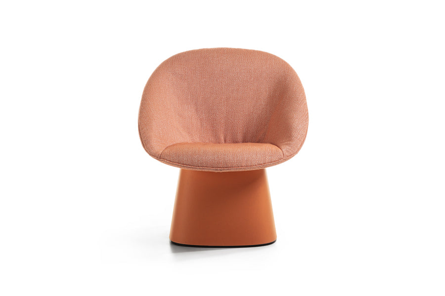 Sensu Outdoor Lounge Chair with Easy Upholstery Seat Cover by Toou, showing front view of sensu lounge chair with easy upholstery in coral eco plastic/dawn sunbrella upholstery.