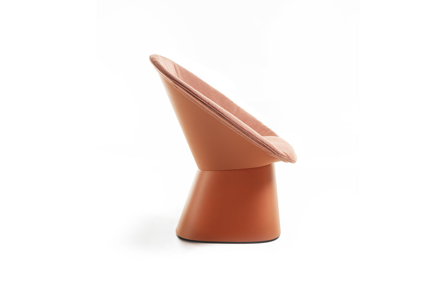 Sensu Outdoor Lounge Chair with Easy Upholstery Seat Cover by Toou, showing side view of sensu lounge chair with easy upholstery in coral eco plastic/dawn sunbrella upholstery.