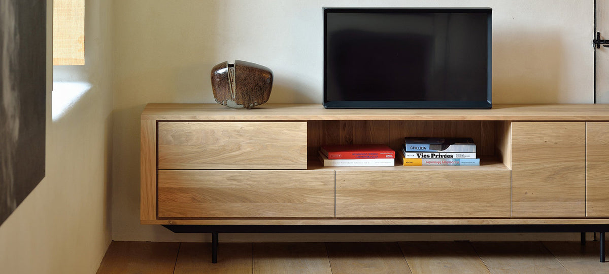 Shadow TV Cupboard by Ethnicraft, showing shadow oak tv cupboard in live shot.