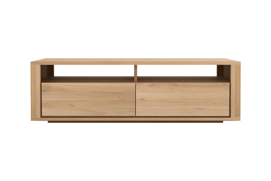 Shadow TV Cupboard by Ethnicraft, showing front view of shadow oak tv cupboard in oak/2 drawers.