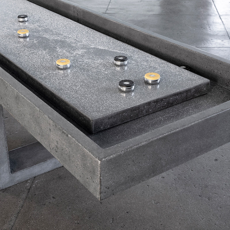 James De Wulf Shuffleboard Table by De Wulf, showing shuffleboard table in live shot.