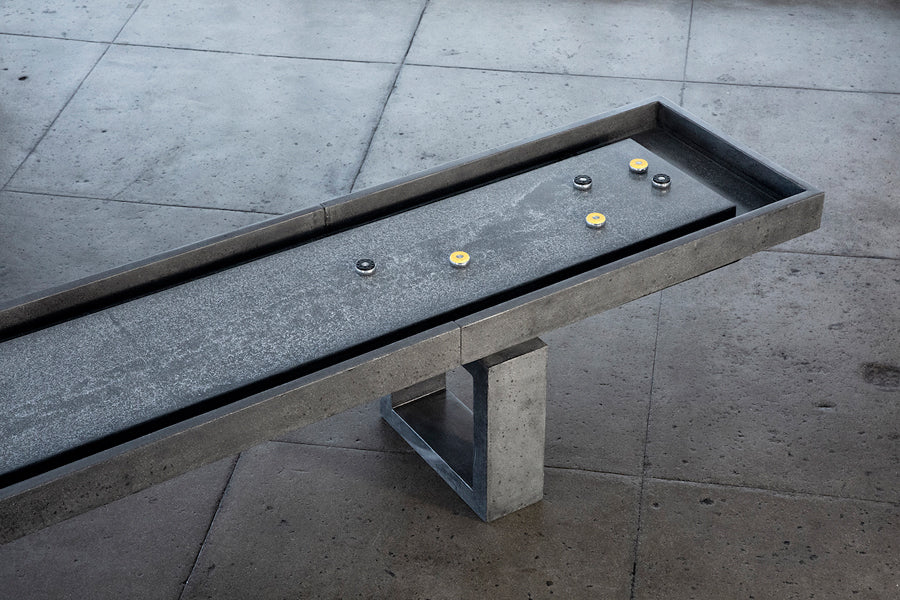 James De Wulf Shuffleboard Table by De Wulf, showing shuffleboard table in live shot.