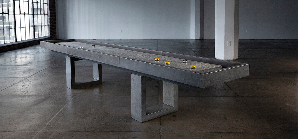 James De Wulf Shuffleboard Table by De Wulf, showing shuffleboard table in live shot.