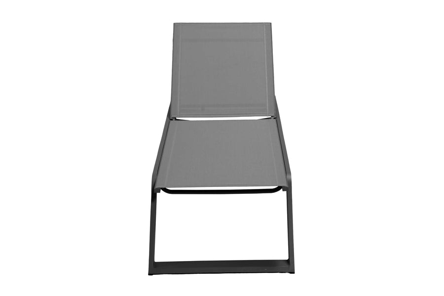 Siesta Sunbed by Cane-Line, showing front view of siesta sunbed in grey tex/no cushion.