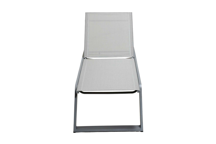 Siesta Sunbed by Cane-Line, showing front view of siesta sunbed in light grey tex/no cushion.