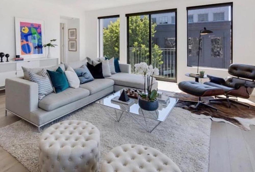 Simena Sectional Sofa by SohoConcept, showing right hand face sectional sofa in live shot.