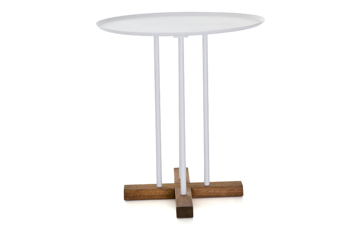 Sini Round Coffee Table by B&T - Small, White Metal+Walnut Stained Wood/White Powder Coated Metal.