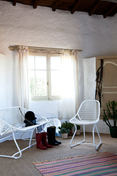 Sixties Side Chair by Fermob, showing live shoot of the chair with bench.