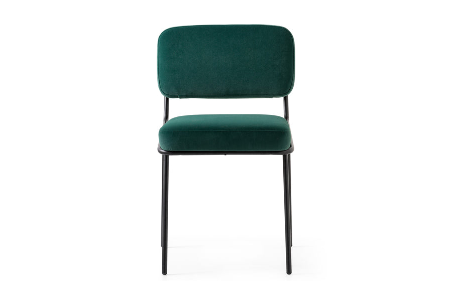 Sixty Chair by Connubia, showing front view of sixty chair in matt black metal frame/forest green mat upholstery.